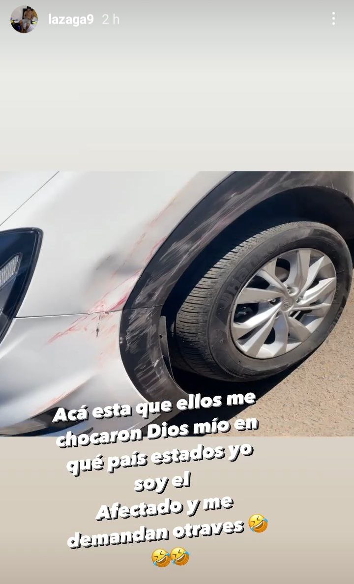 Lazaga da su versión, dice ser víctima y muestra su auto chocado
