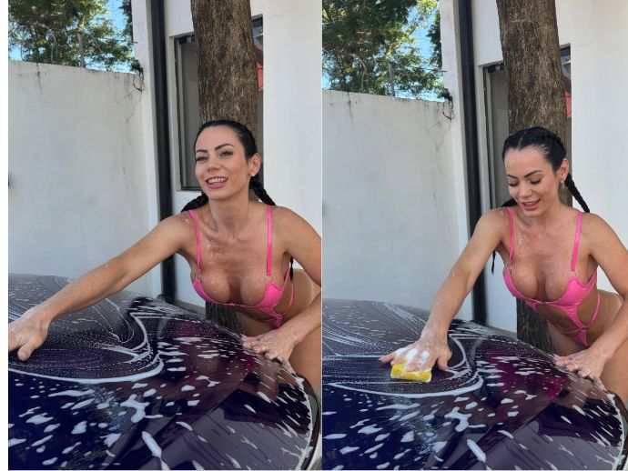 ¡Pamela Rodríguez se puso a lavar la camio en bikini!