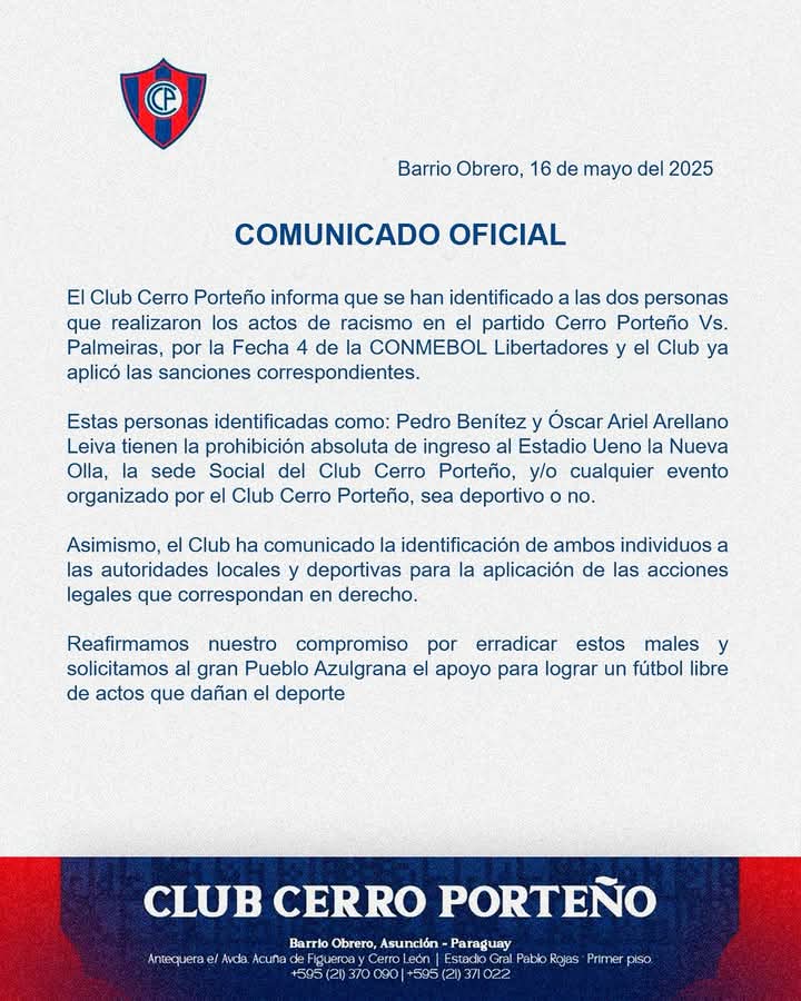 Cerro anuncia prohibición de ingreso de dos hinchas por racismo ante Palmeiras tras identificarlos