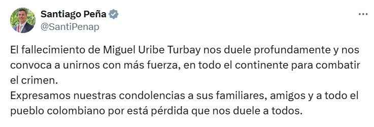 Presi se mostró dolido por muerte de senador colombiano Miguel Uribe