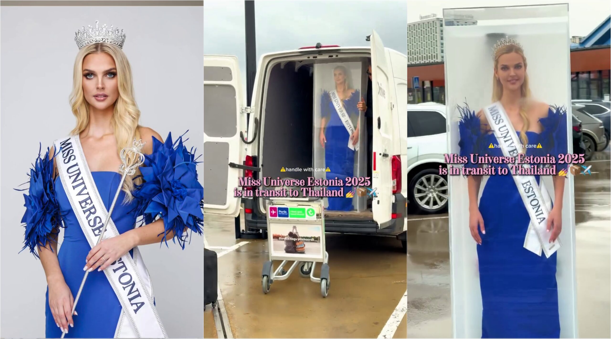 (VIDEO) ¡Miss Estonia llegó como una “Barbie” en caja a la sede del Miss Universo!