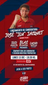 Invitan a la fiesta de lanzamiento de la candidatura de José “JLu” Jacquet para Comisión Directiva de Cerro Porteño