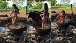 (VIDEO) ¡Cuerona sorprendió al rollo al bañarse en latona!