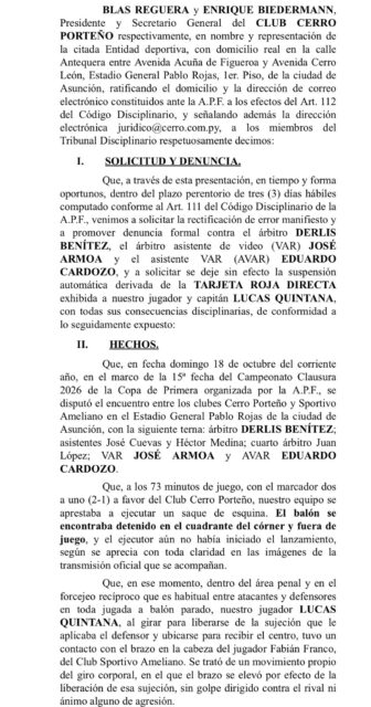 Cerro presentó ante la APF protesta por expulsión de Lucas Quintana
