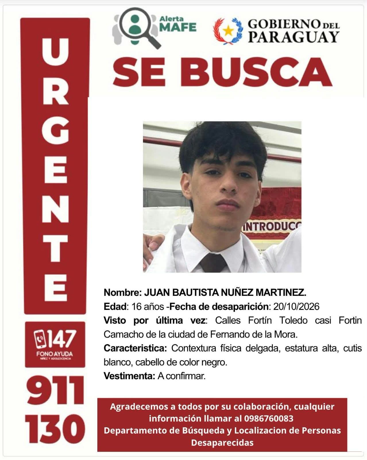 URGENTE.  Buscan desesperadamente a adolescente de 16 años