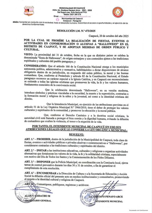 ¡Jeýma! Prohíben armar fiestas por el día de brujas en Caapucú ¡Jeýma! Prohíben armar fiestas por el día de brujas en Caapucú